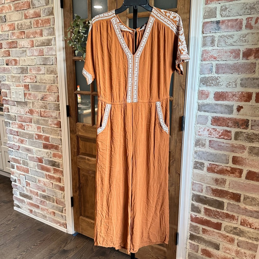 American Eagle Jumpsuit Women Rust Embroidered Boho Short Sleeve Pockets M